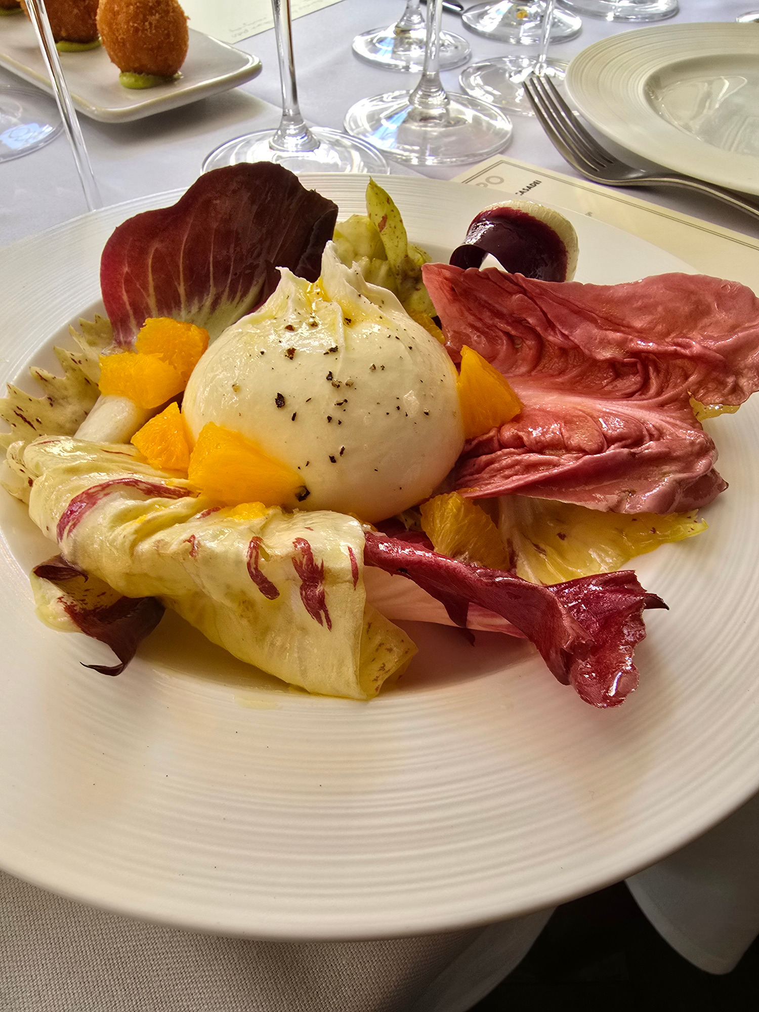 Burrata, radicchio & orange salad La Latteria Burrata, Tablehurst Farm radicchio & orange at DOPPO Soho
