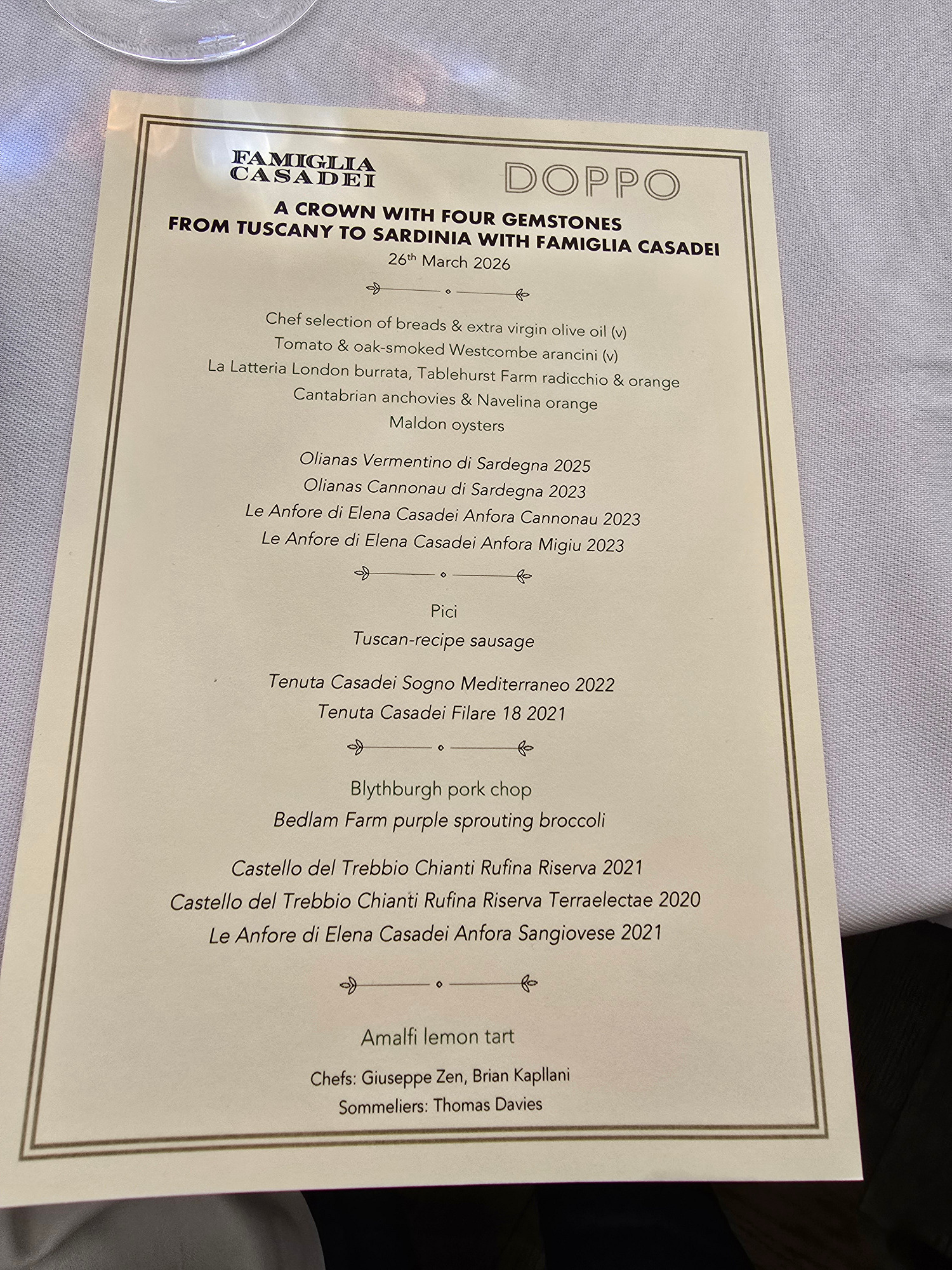 DOPPO Soho Menu Menu specially created at DOPPO Soho to accompany the Famiglia Casadei wines