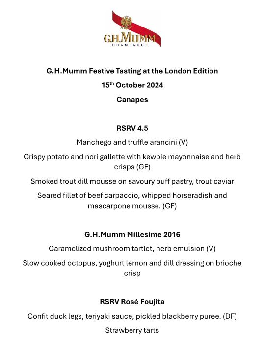 Food pairing menu with GH Mumm Champagnes menu